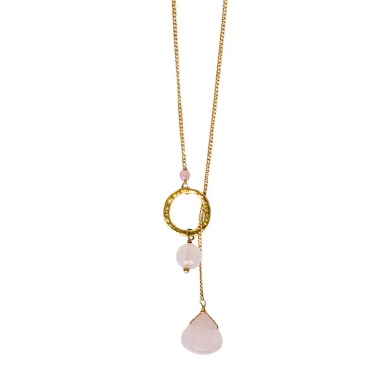 NECKLACE CIRCLE DROP ROSE QUARTZ