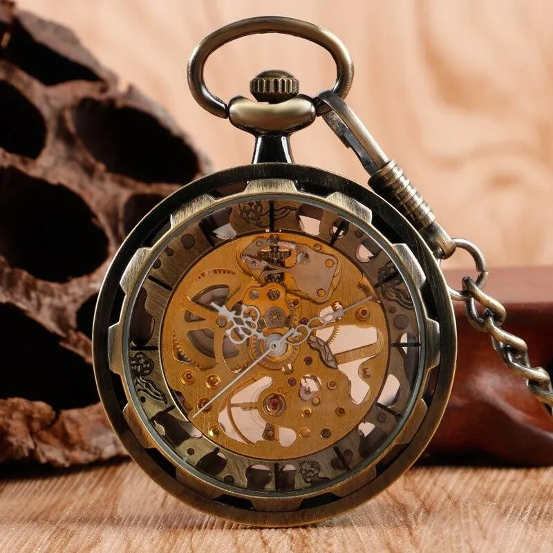 Open Faced Pocket Mechanical Watch with Hollow Gear Skeleton Design