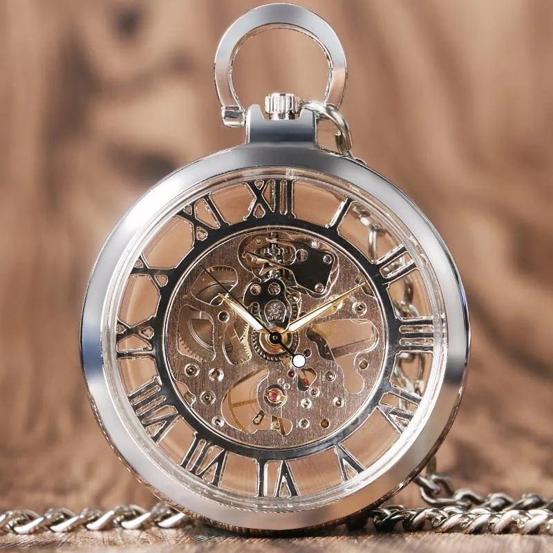 Open Faced Pocket Mechanical Watch with Hollow Gear Skeleton Design