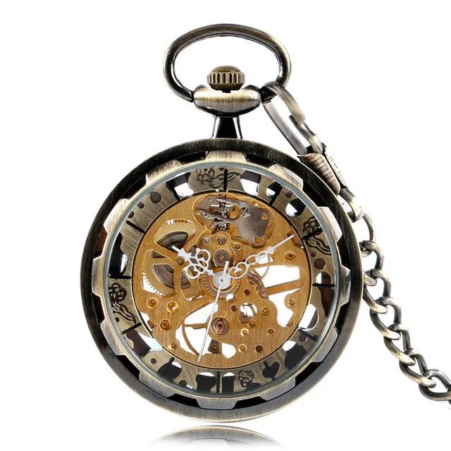 Open Faced Pocket Mechanical Watch with Hollow Gear Skeleton Design