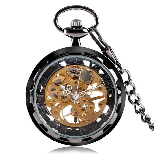 Open Faced Pocket Mechanical Watch with Hollow Gear Skeleton Design