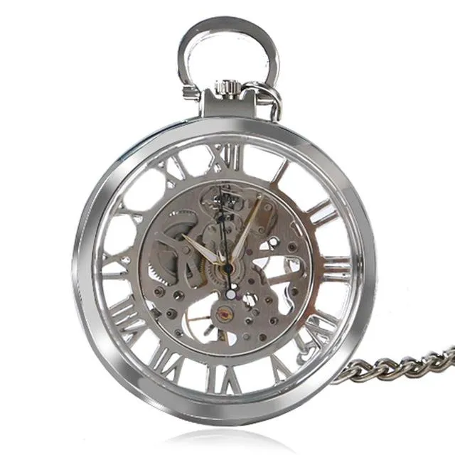 Open Faced Pocket Mechanical Watch with Hollow Gear Skeleton Design