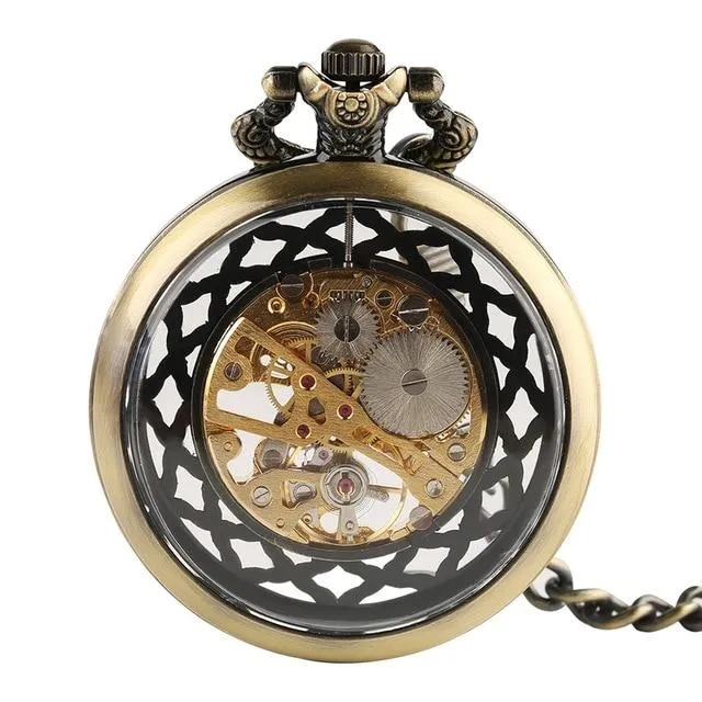 Open Faced Pocket Mechanical Watch with Hollow Gear Skeleton Design