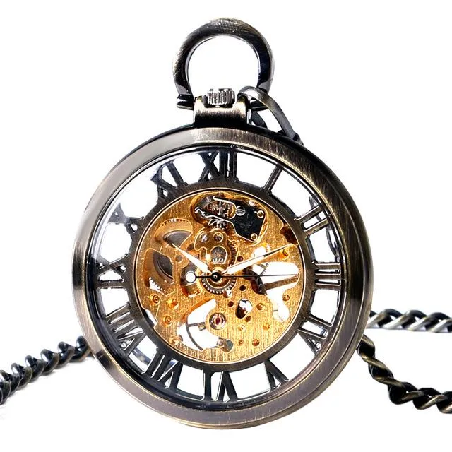 Open Faced Pocket Mechanical Watch with Hollow Gear Skeleton Design