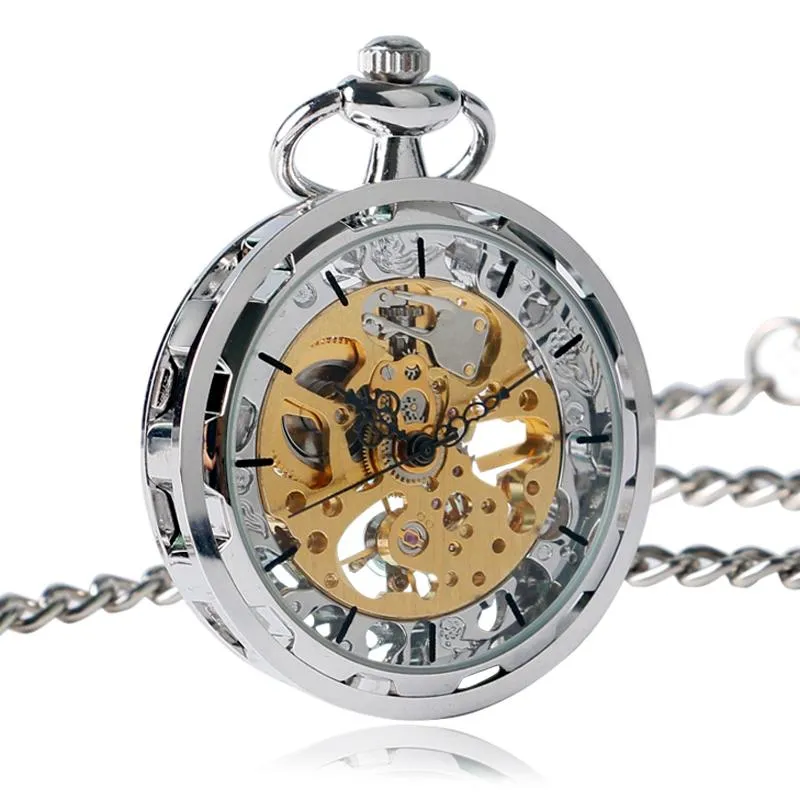 Open Faced Pocket Mechanical Watch with Hollow Gear Skeleton Design