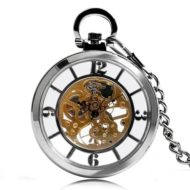 Open Faced Pocket Mechanical Watch with Hollow Gear Skeleton Design