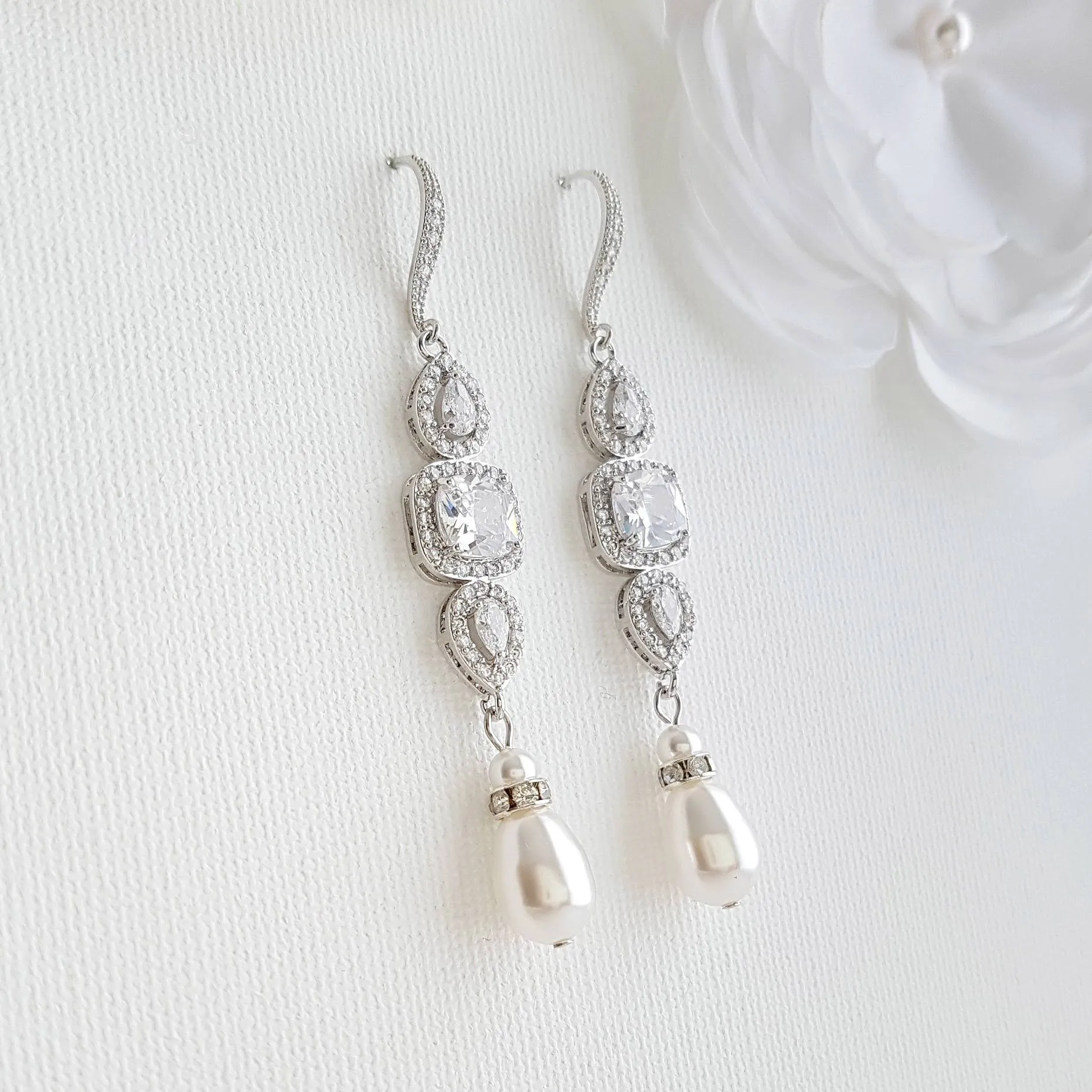 Pearl Drop Long Dangle Earrings for Weddings-Gianna