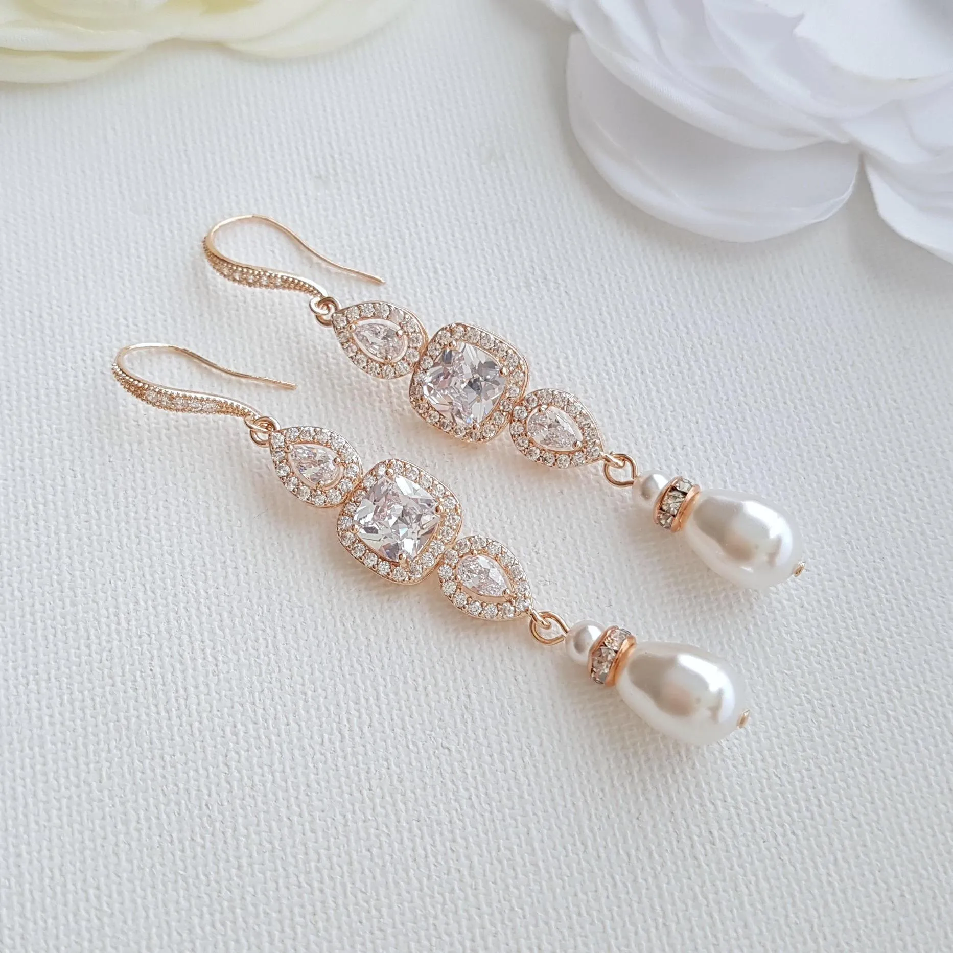 Pearl Drop Long Dangle Earrings for Weddings-Gianna