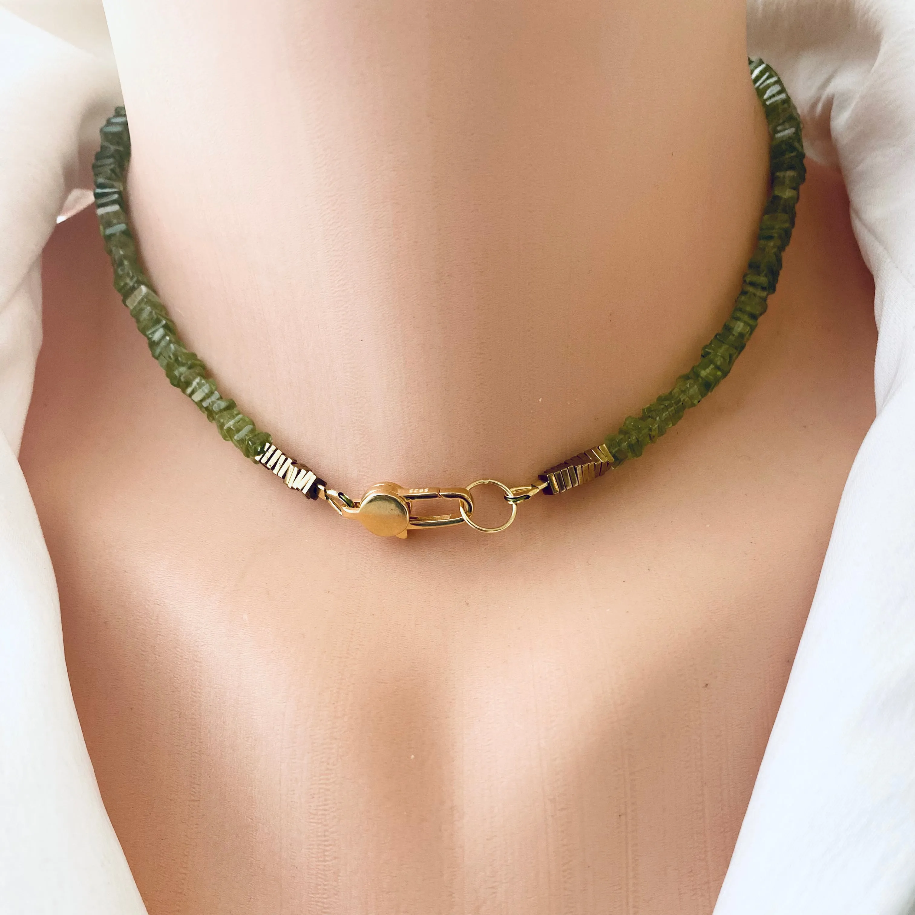 Peridot Choker Necklace, Gold Vermeil Details, 15.25or 15.80inches, August Birthstone