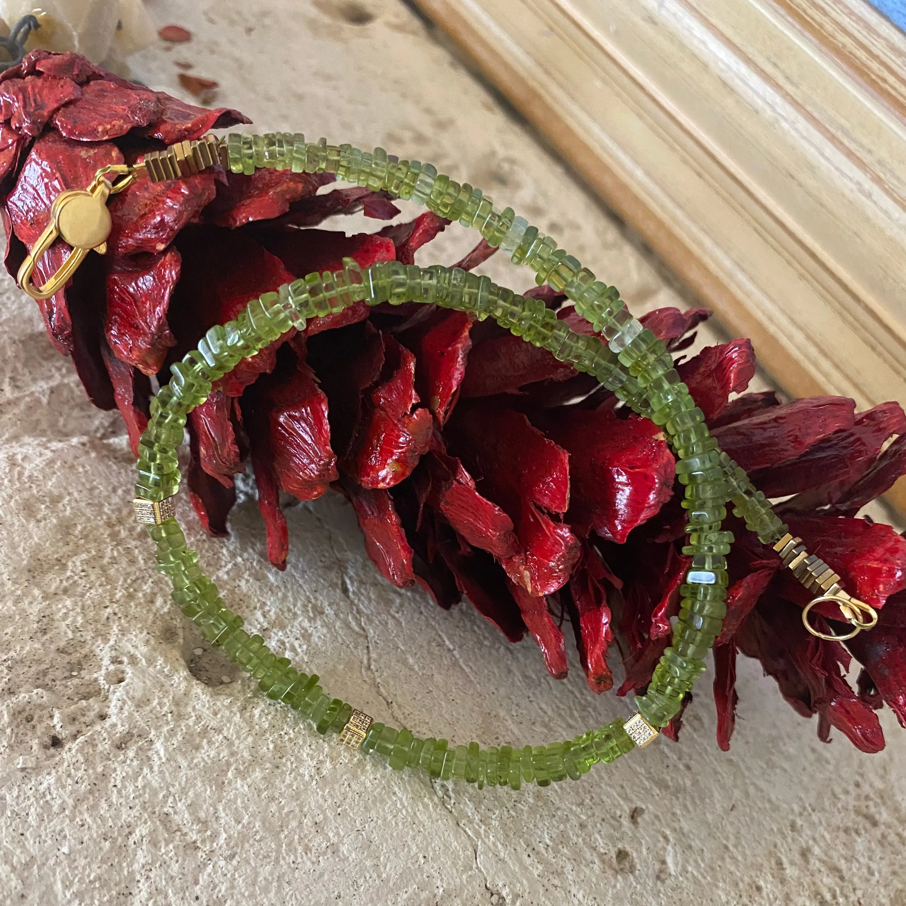 Peridot Choker Necklace, Gold Vermeil Details, 15.25or 15.80inches, August Birthstone