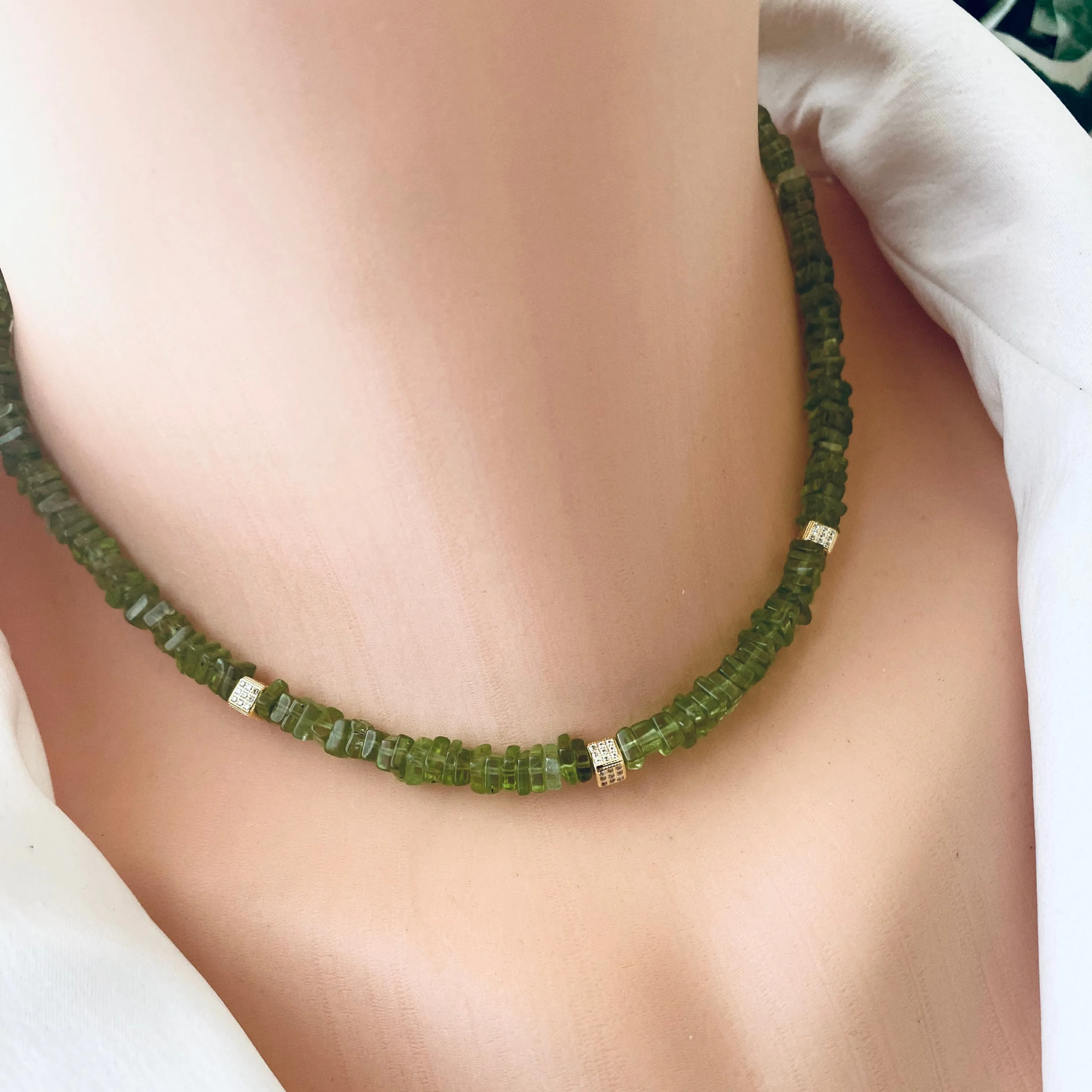 Peridot Choker Necklace, Gold Vermeil Details, 15.25or 15.80inches, August Birthstone