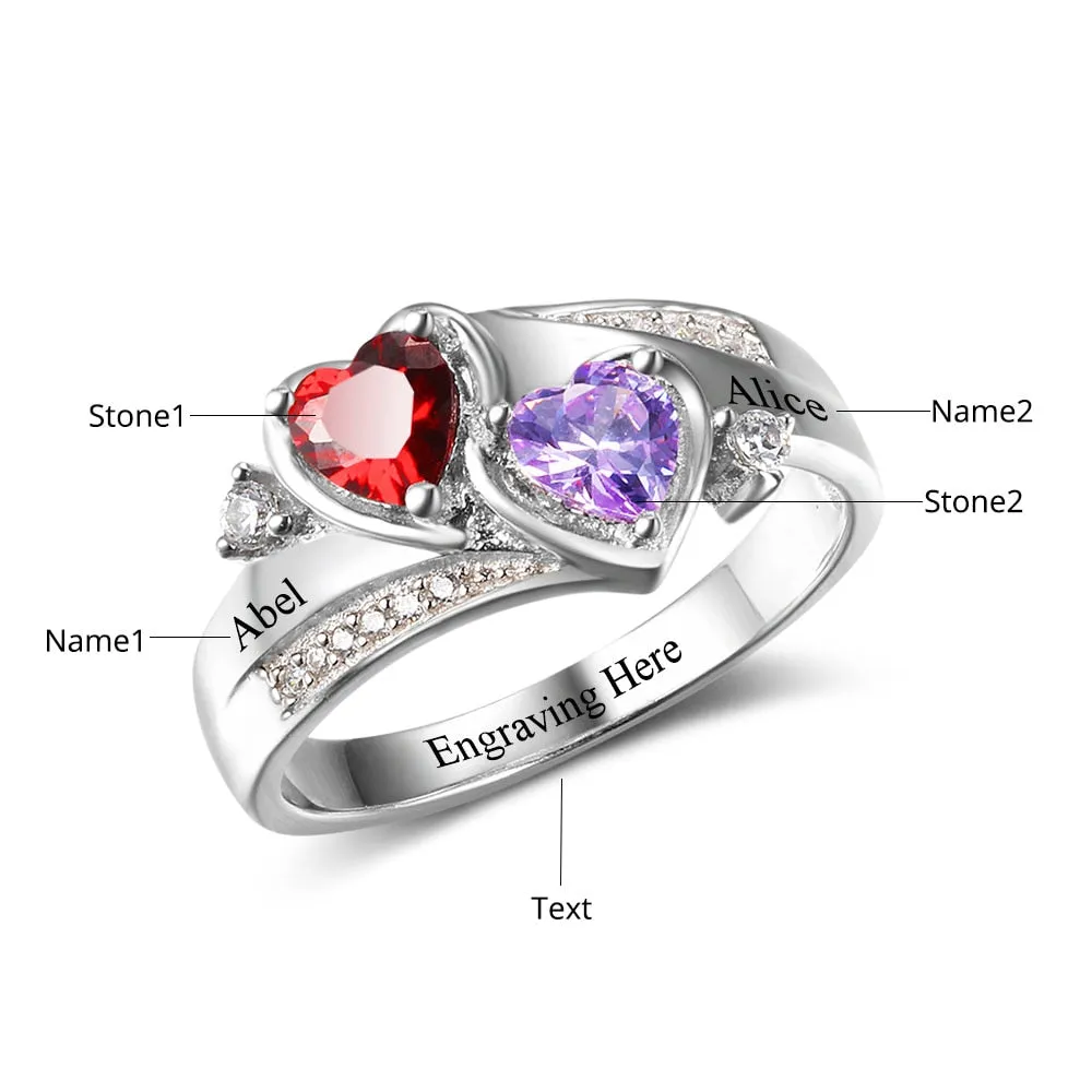 Personalized Engrave Name Ring with 2 Heart Birthstone 925 Sterling Silver Wedding Engagement Rings Mothers Day Gift