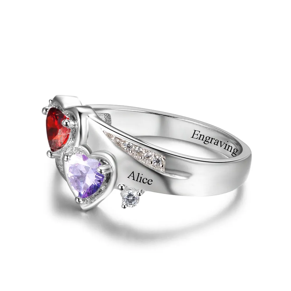 Personalized Engrave Name Ring with 2 Heart Birthstone 925 Sterling Silver Wedding Engagement Rings Mothers Day Gift