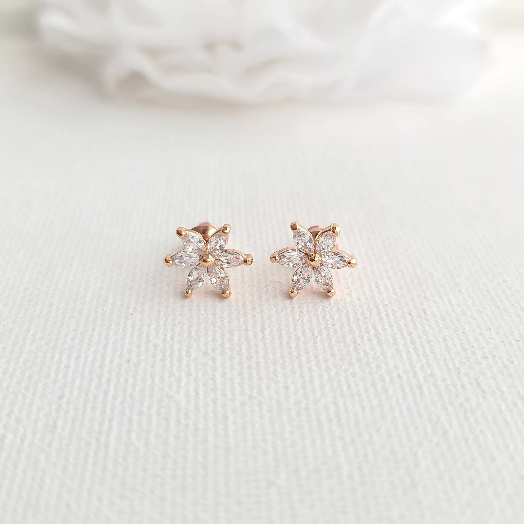 Petite Rose Gold Flower Earrings-Trisha