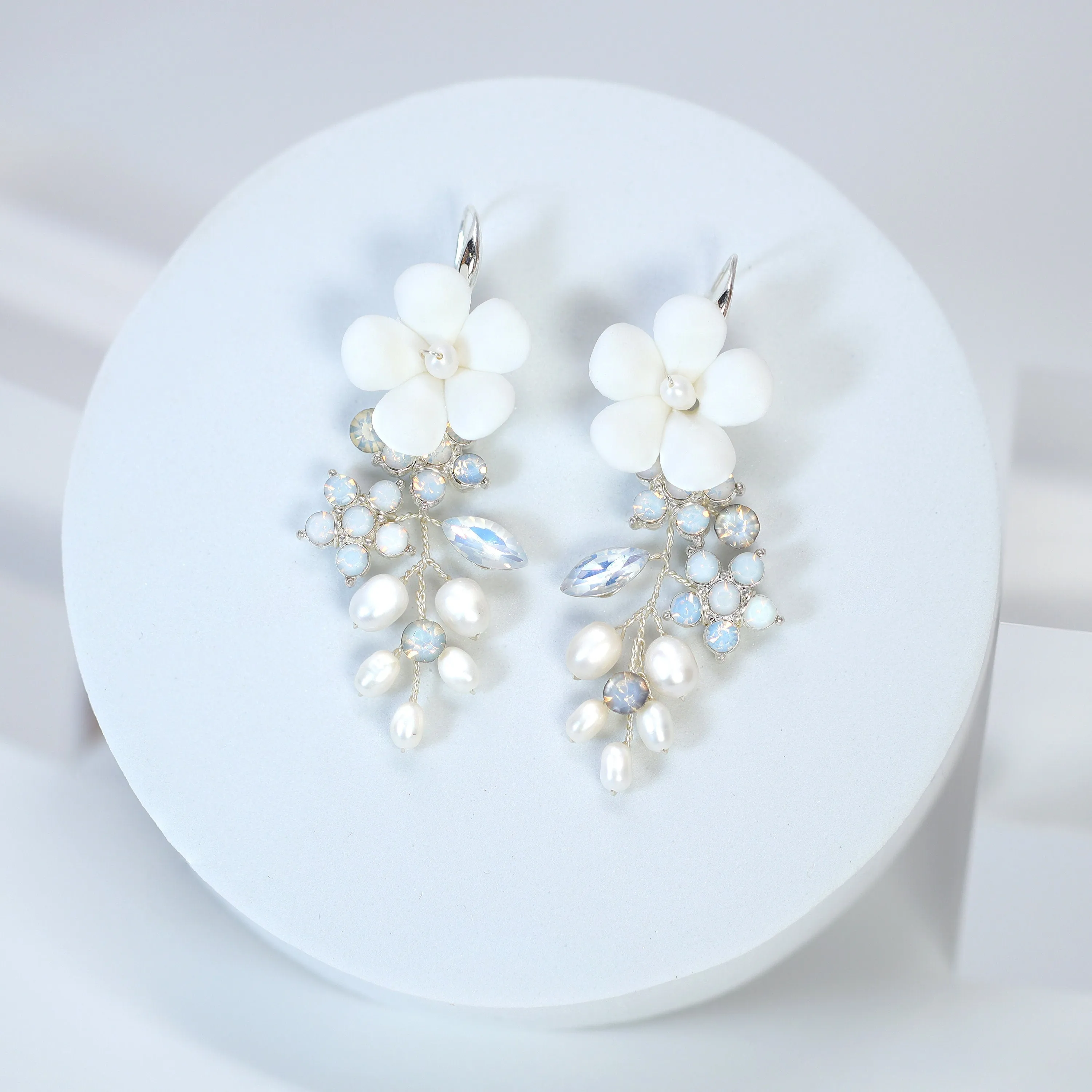 Porcelain Hawaiian White Flower And Opal Floral Freshwater Pearl Earrings, Long Bridal Jewelry, Opal Bridal Earrings, Statement Earrings