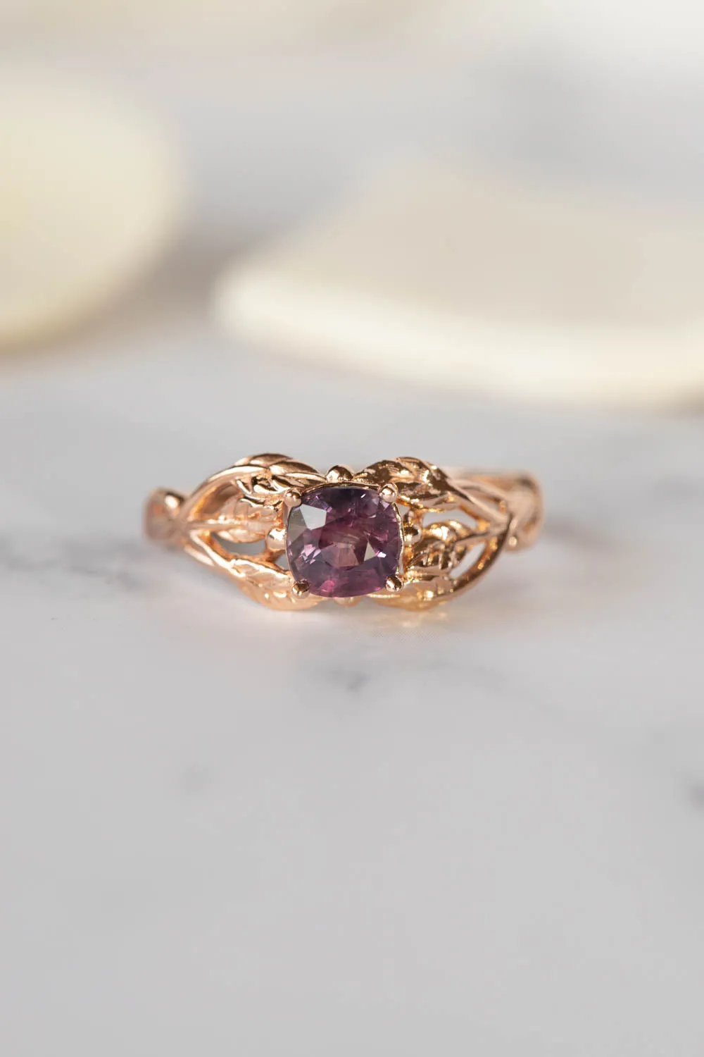 READY TO SHIP: Tilia ring in 14K rose gold, natural purple sapphire 5 mm cushion cut, RING SIZE - 7 US