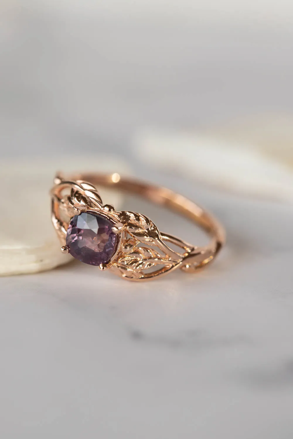 READY TO SHIP: Tilia ring in 14K rose gold, natural purple sapphire 5 mm cushion cut, RING SIZE - 7 US