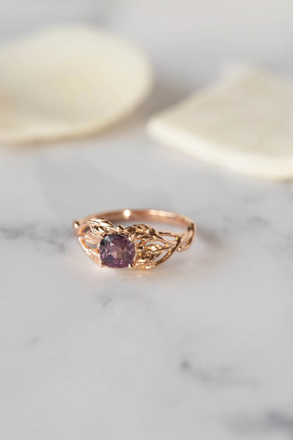 READY TO SHIP: Tilia ring in 14K rose gold, natural purple sapphire 5 mm cushion cut, RING SIZE - 7 US