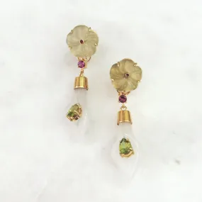 Rhodolite Garnet on Jade Stud with Rhodolite Garnet & Peridot on Callalily White Jade Twinset Earrings