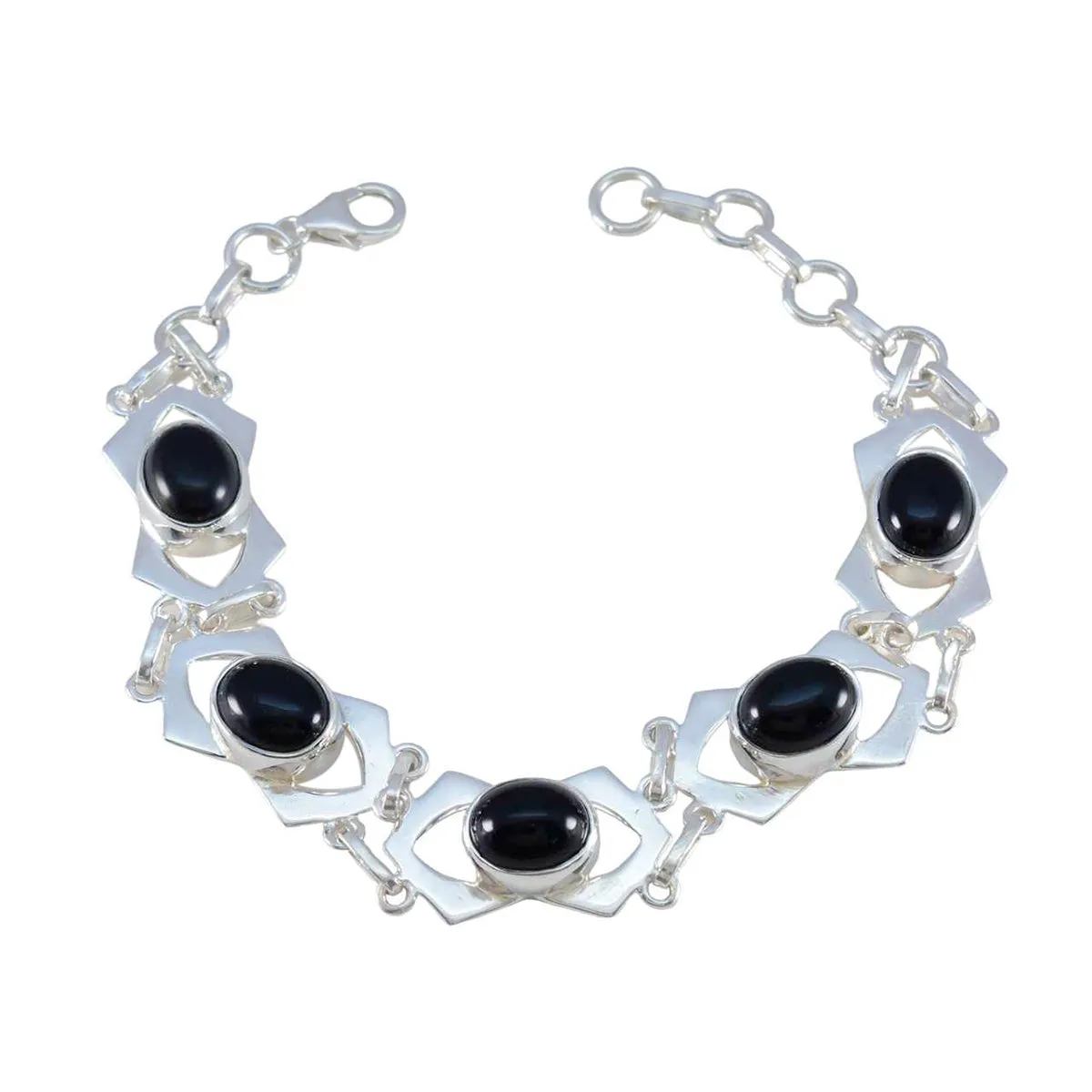 Riyo Choice 925 Sterling Silver Bracelet For Girls Black Onyx Bracelet Bezel Setting Bracelet with Fish Hook Link Charm Bracelet L Size 6-8.5 Inch.