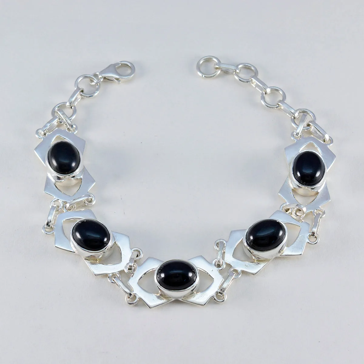 Riyo Choice 925 Sterling Silver Bracelet For Girls Black Onyx Bracelet Bezel Setting Bracelet with Fish Hook Link Charm Bracelet L Size 6-8.5 Inch.