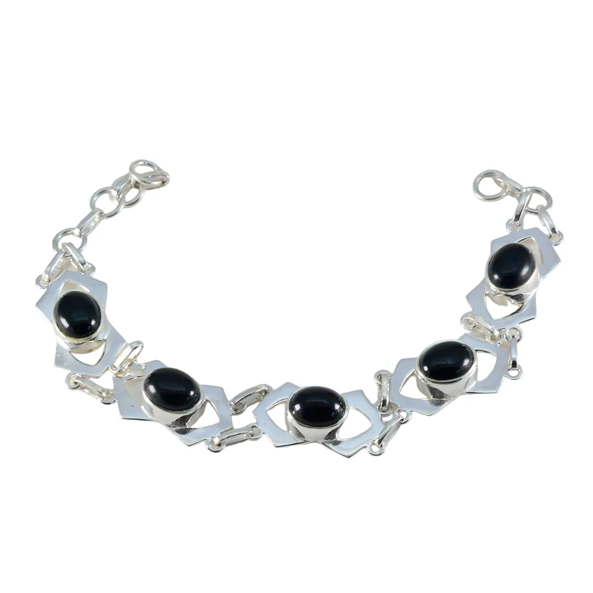 Riyo Choice 925 Sterling Silver Bracelet For Girls Black Onyx Bracelet Bezel Setting Bracelet with Fish Hook Link Charm Bracelet L Size 6-8.5 Inch.