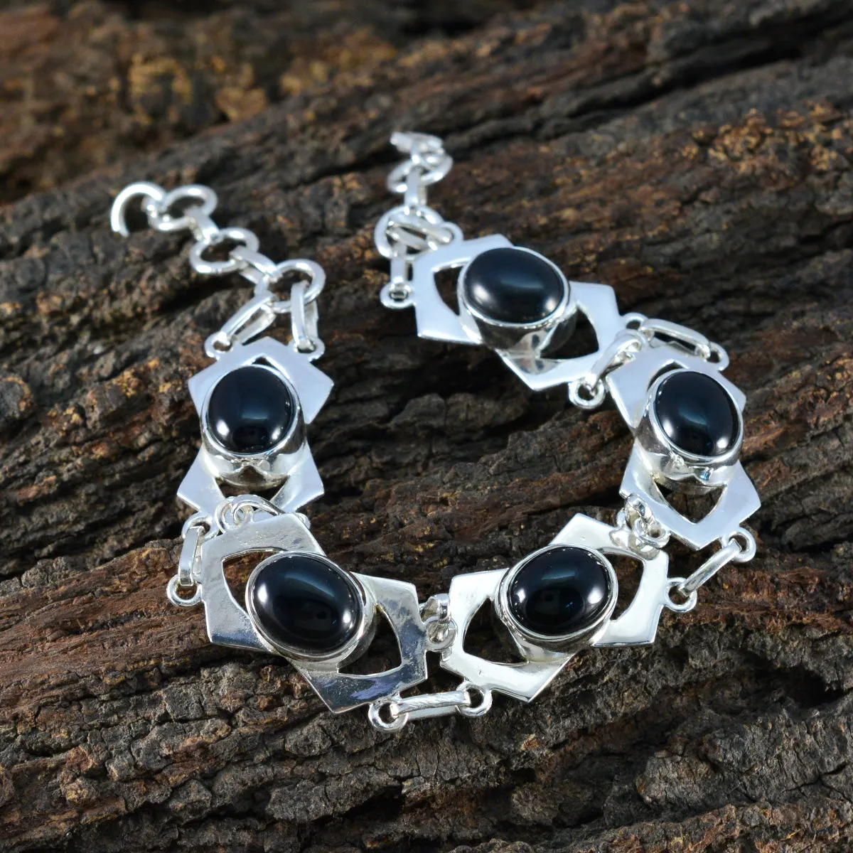 Riyo Choice 925 Sterling Silver Bracelet For Girls Black Onyx Bracelet Bezel Setting Bracelet with Fish Hook Link Charm Bracelet L Size 6-8.5 Inch.