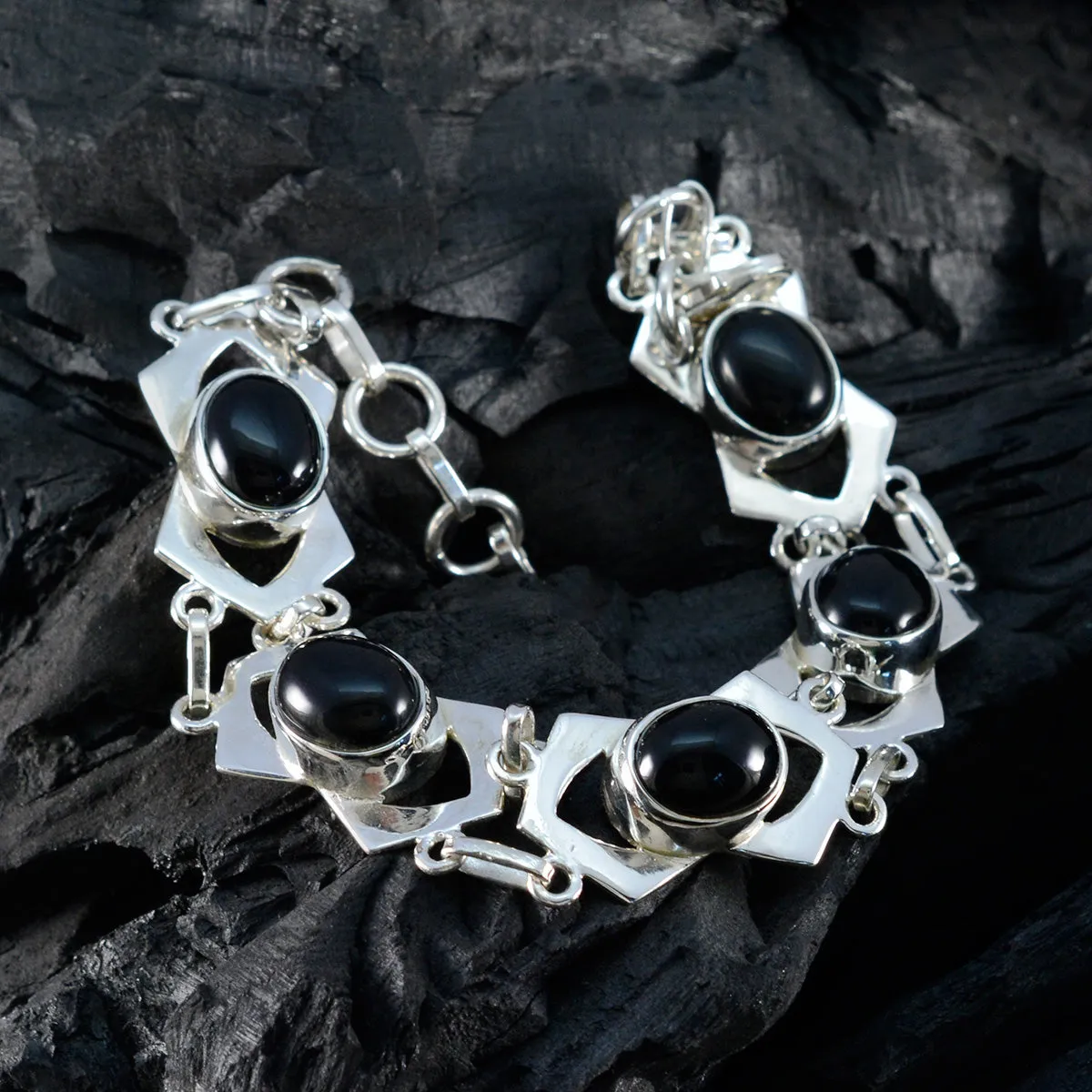 Riyo Choice 925 Sterling Silver Bracelet For Girls Black Onyx Bracelet Bezel Setting Bracelet with Fish Hook Link Charm Bracelet L Size 6-8.5 Inch.