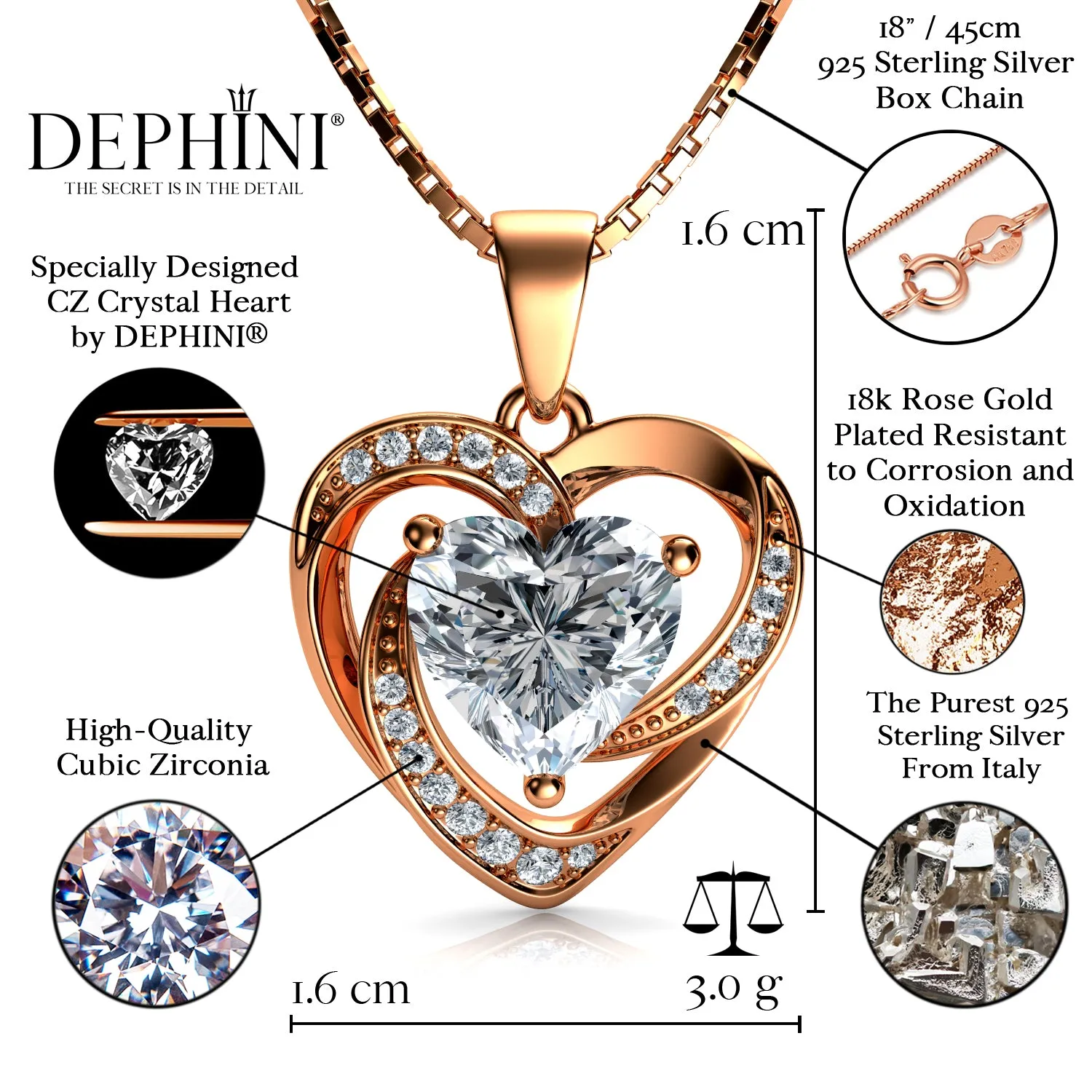 Rose gold heart jewellery set 18ct Gold Plated with 925 Silver Dephini