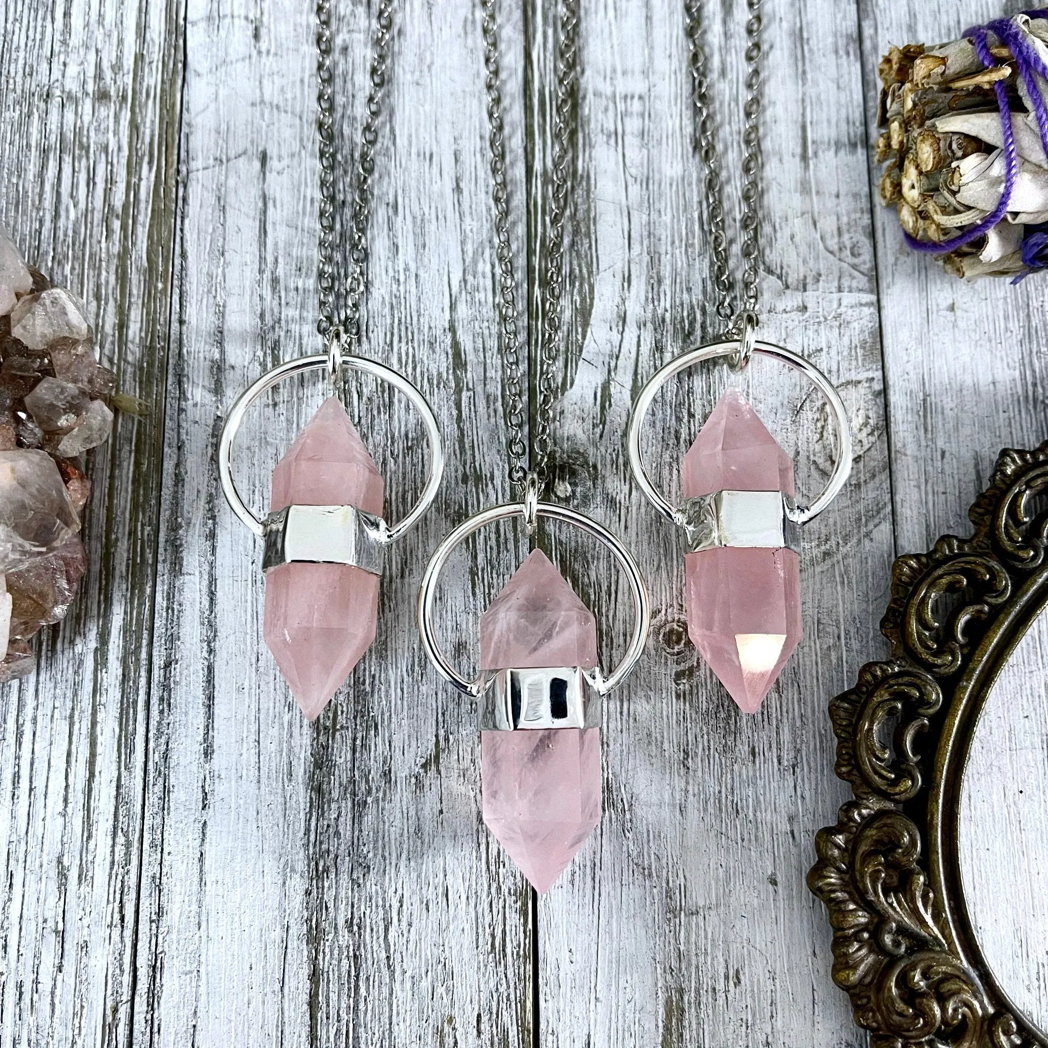 Rose Quartz Crystal Point Necklace in Sterling Silver  -Designed by FOXLARK Collection / Witchy Necklace Goth Jewelry