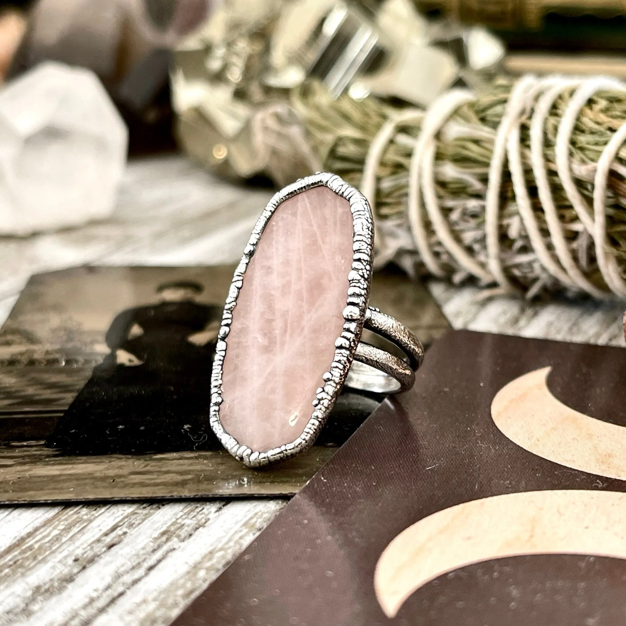 Rose Quartz Geometric Stone Ring in Fine Silver Size 7 8 9 / Foxlark Collection