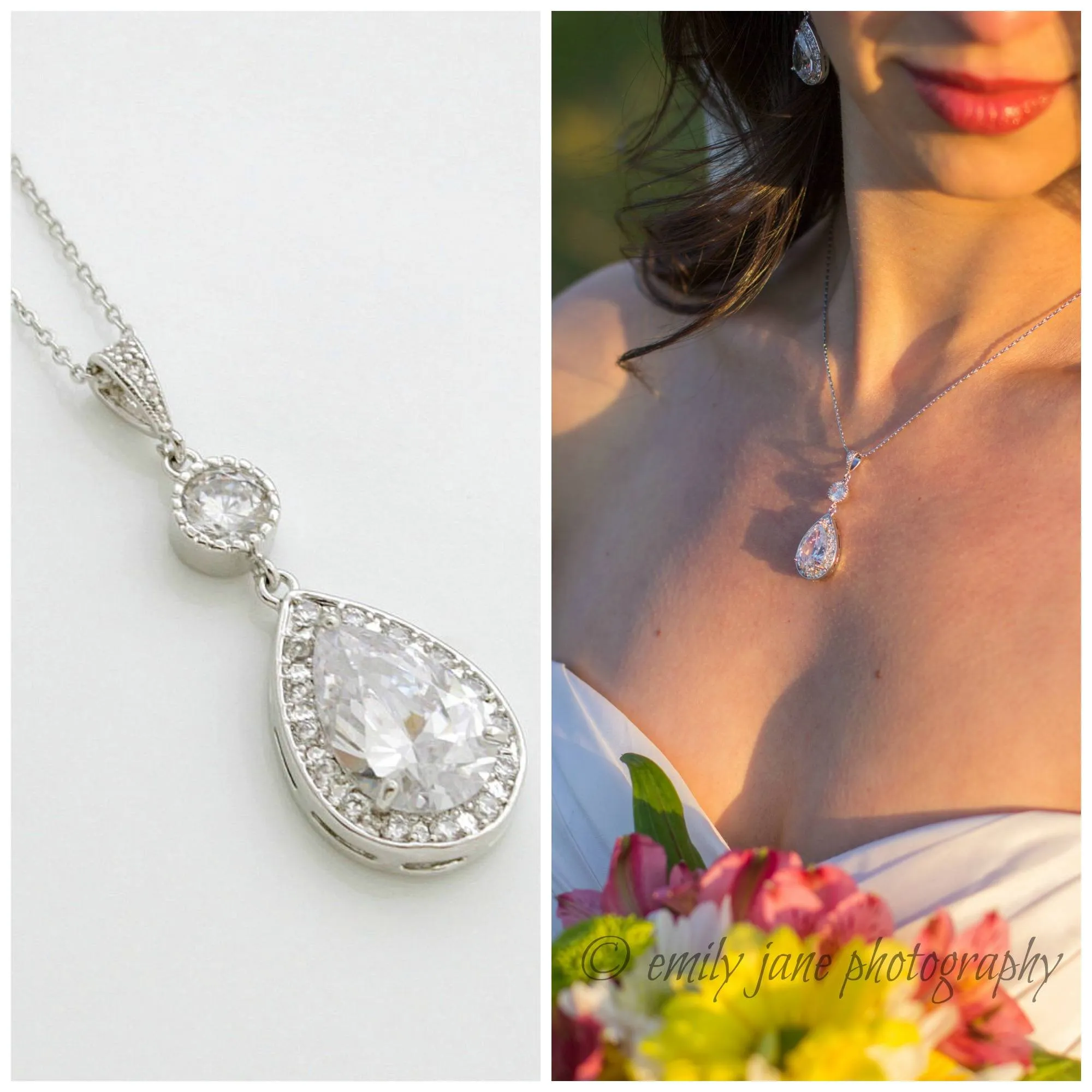 Round and Pear Shaped Drop Bridal Necklace-Evana