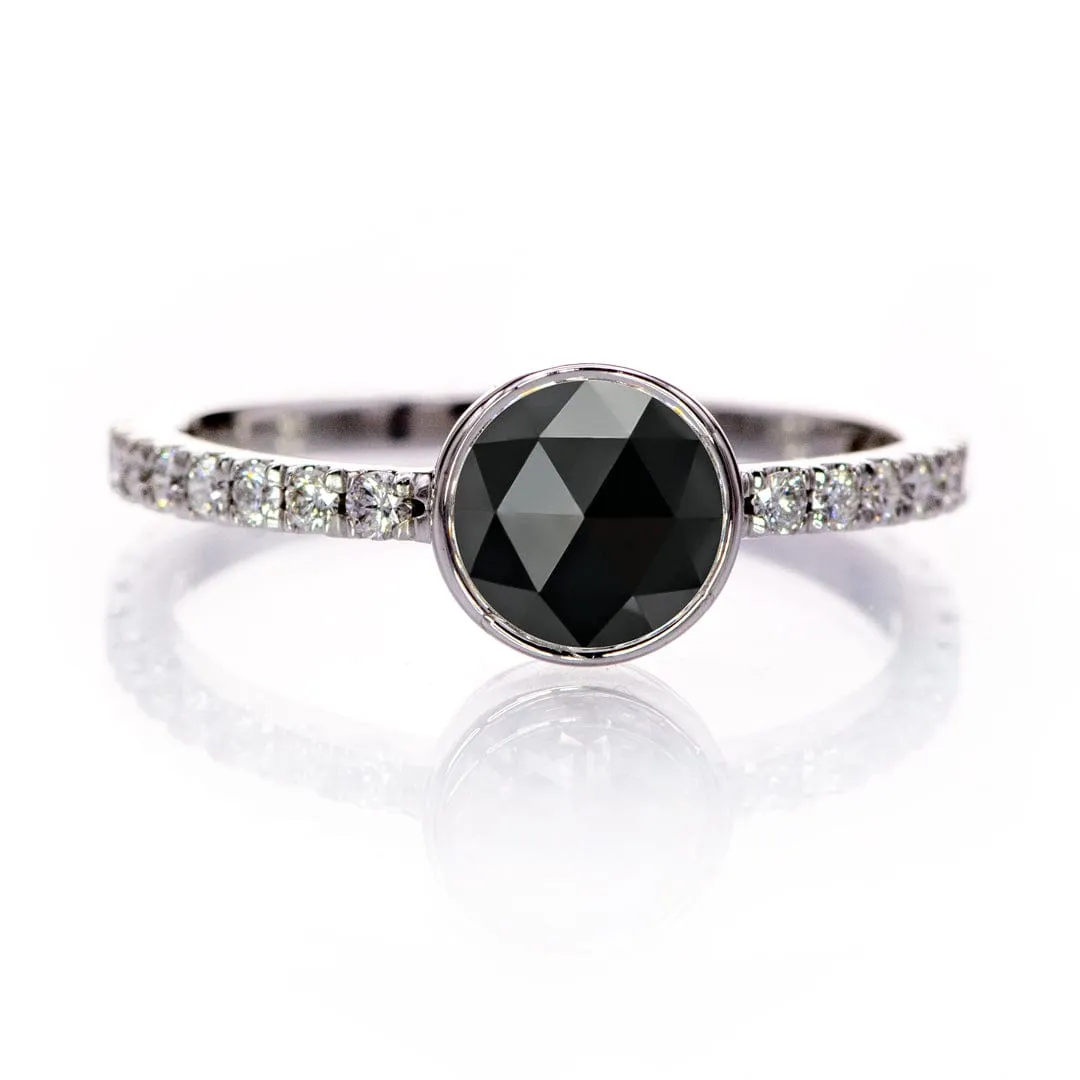 Round Rose Cut Moissanite or Black Diamond Low Profile Bezel Accented Engagement Ring