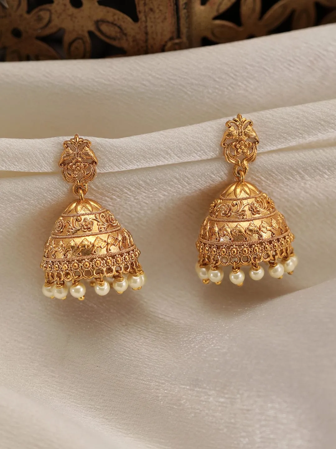 Rubans 22K Gold plated Pearl beaded Handcrafted Jhumka Earrings