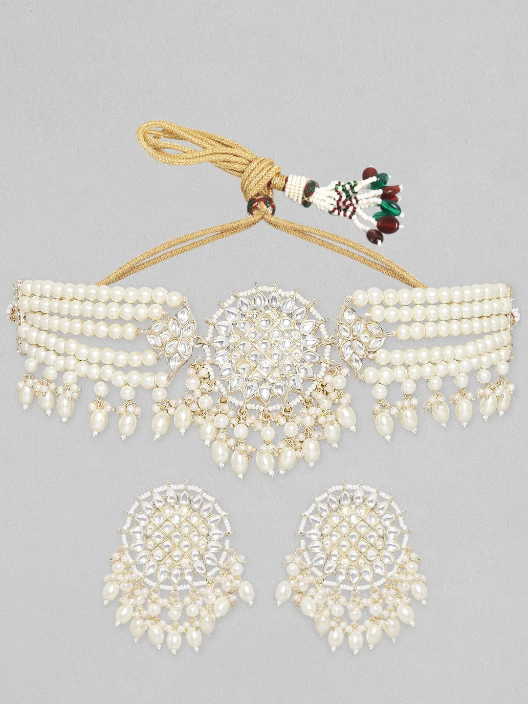 Rubans Gold Toned Kundan Studded Choker Set With Pearl Hangings.