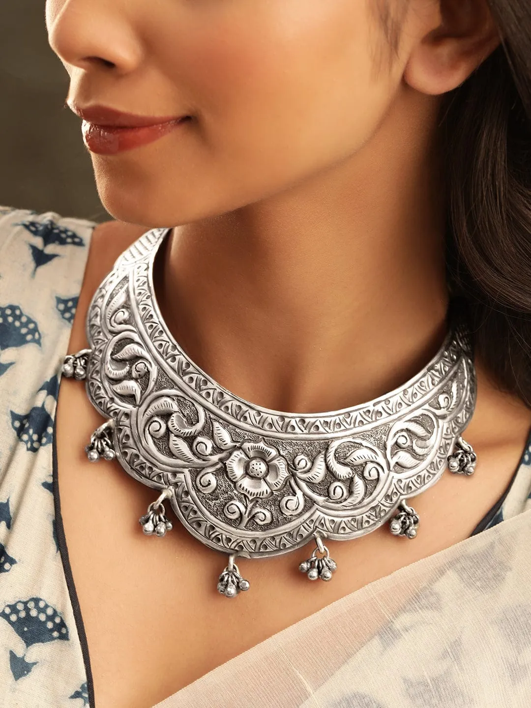 Rubans Oxidized Silver Plated Flower Choker Necklace with Ghungroo Hangings