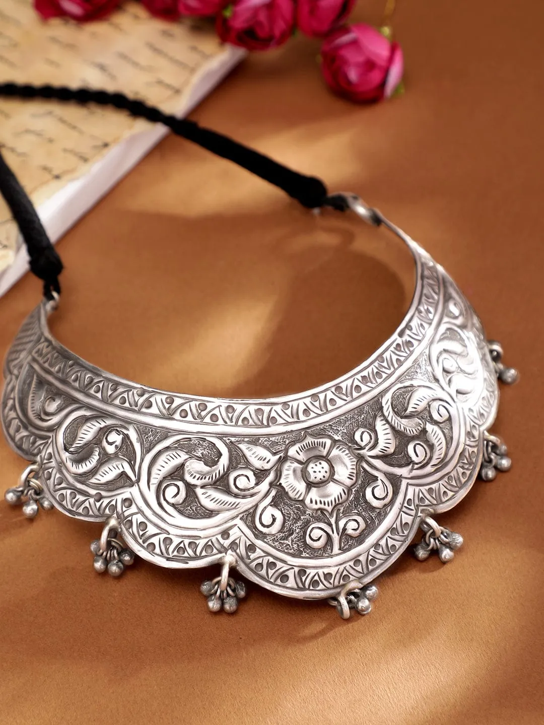 Rubans Oxidized Silver Plated Flower Choker Necklace with Ghungroo Hangings