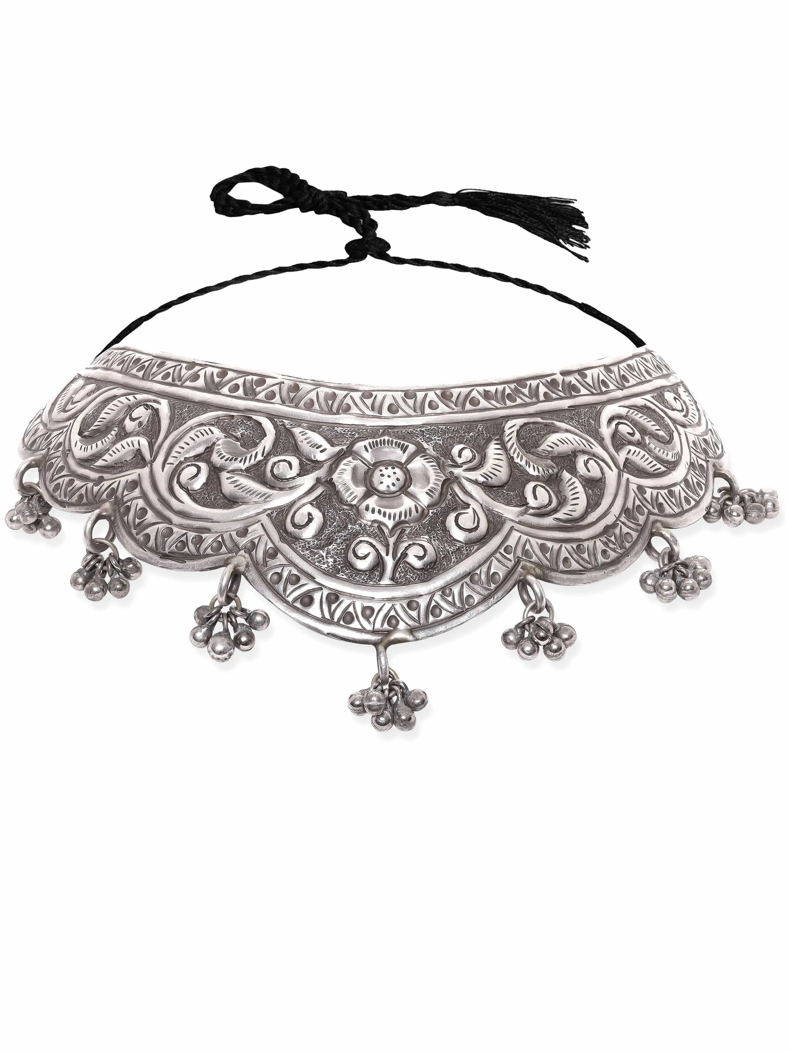 Rubans Oxidized Silver Plated Flower Choker Necklace with Ghungroo Hangings