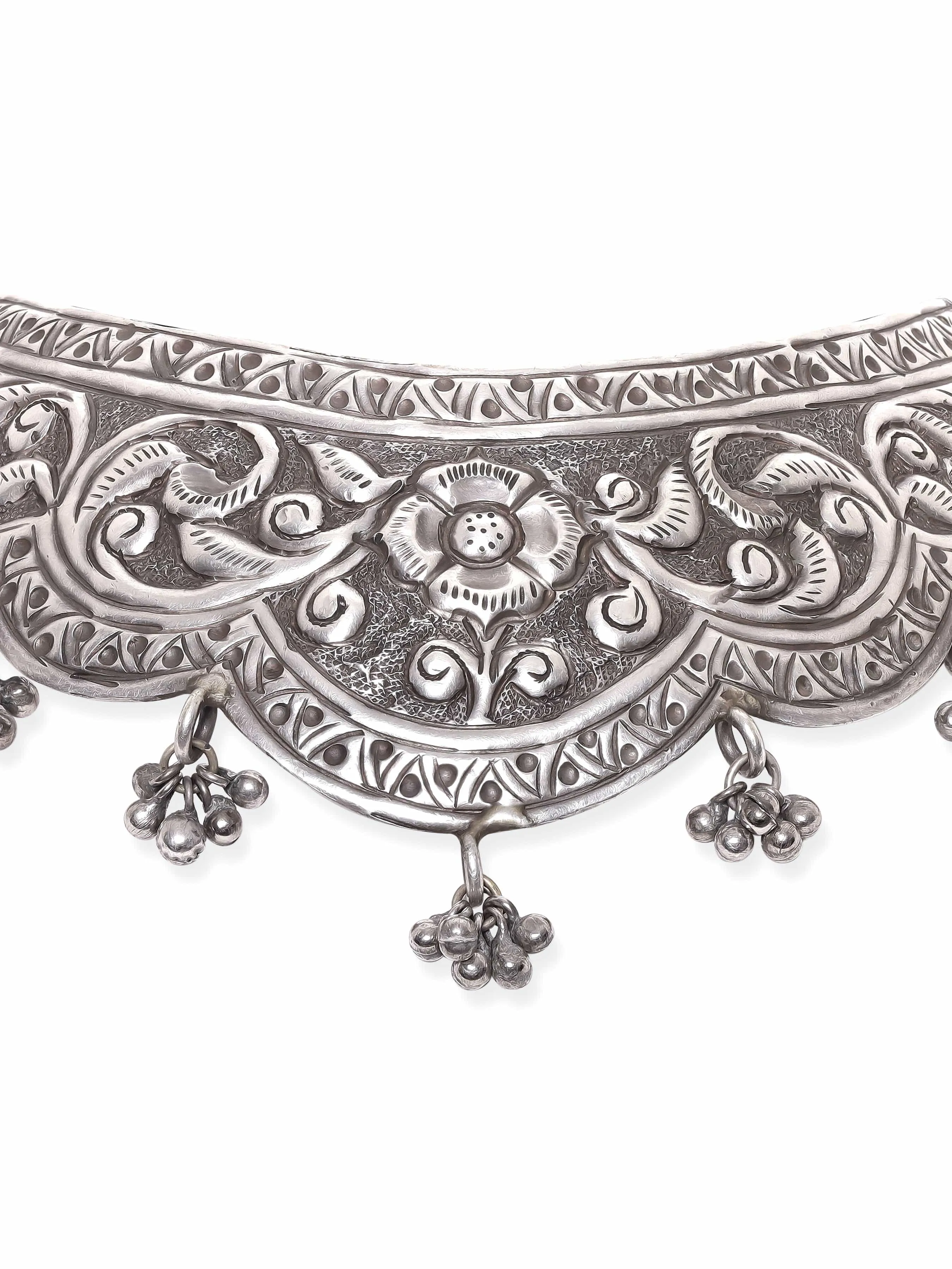 Rubans Oxidized Silver Plated Flower Choker Necklace with Ghungroo Hangings