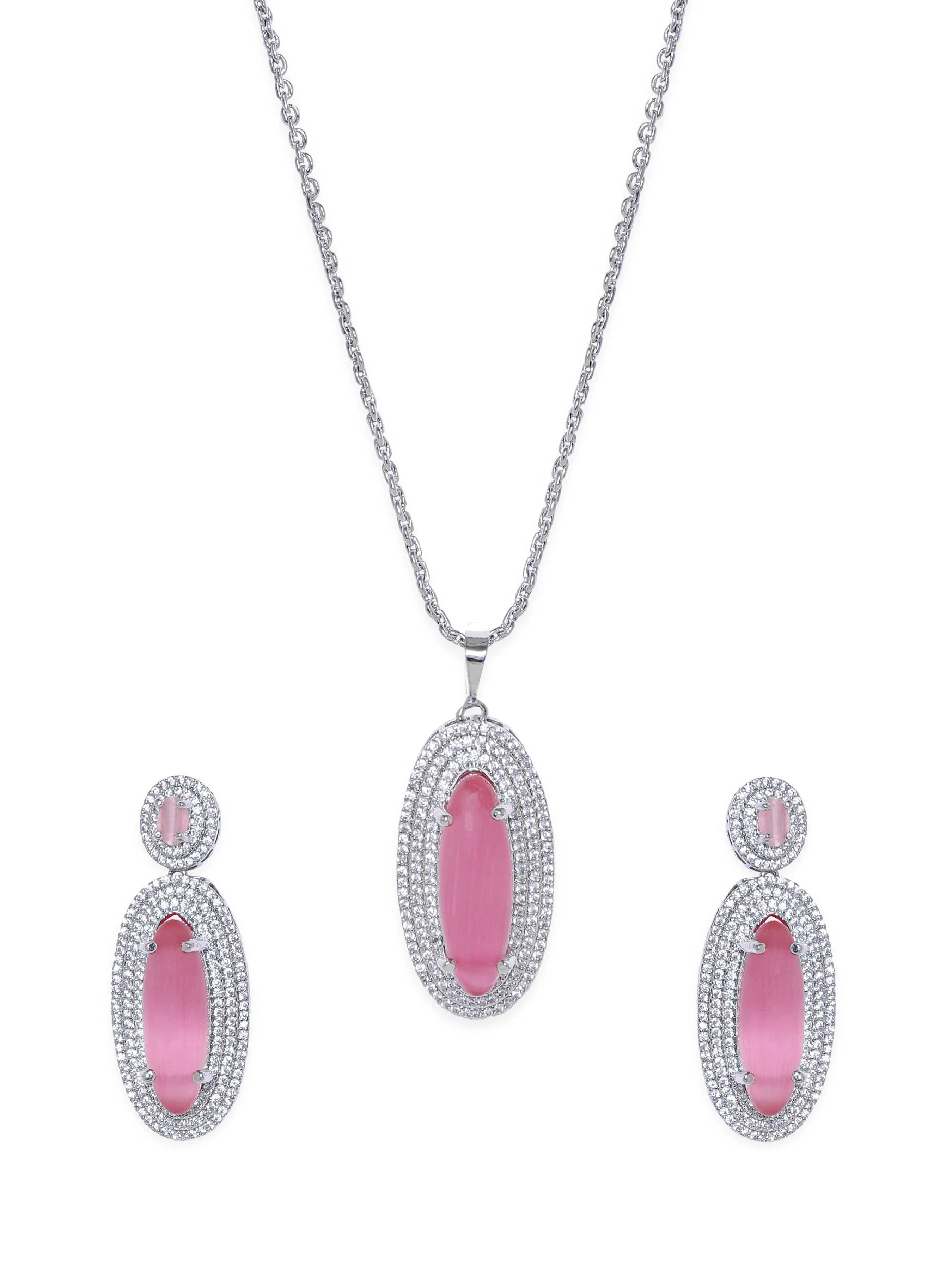 Rubans Rhodium plated Pink Crystal Zirconia studded Statement pendant Set