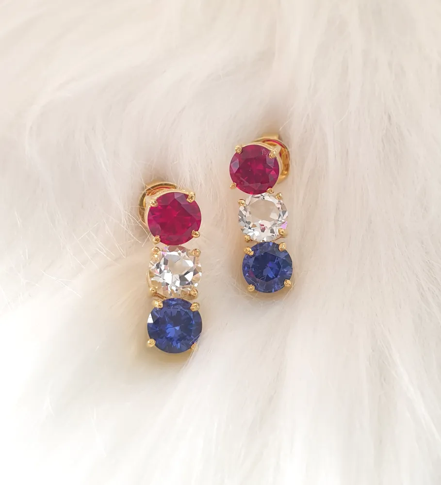 Ruby, White Topaz and Blue Sapphire Detachable Separates Earrings