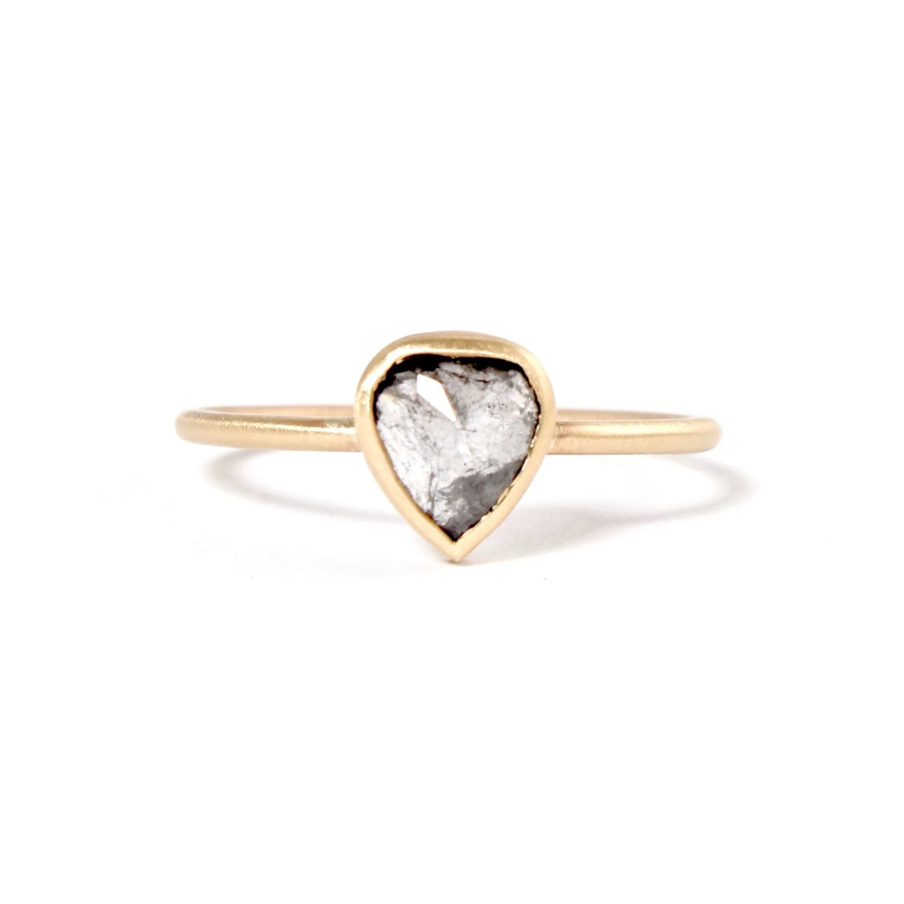 Salt & Pepper Rose Cut Pear Shape Diamond Ring in 14kt Gold by Rebecca Overmann