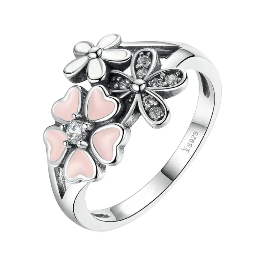 SILVER 925 PINK AND WHITE DASIES RING