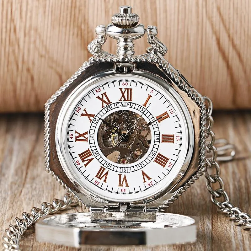 Silver Octagon Pocket Watch with Roman Numeral Carvings and Visible Gear Skeleton