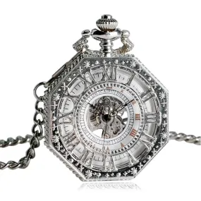 Silver Octagon Pocket Watch with Roman Numeral Carvings and Visible Gear Skeleton