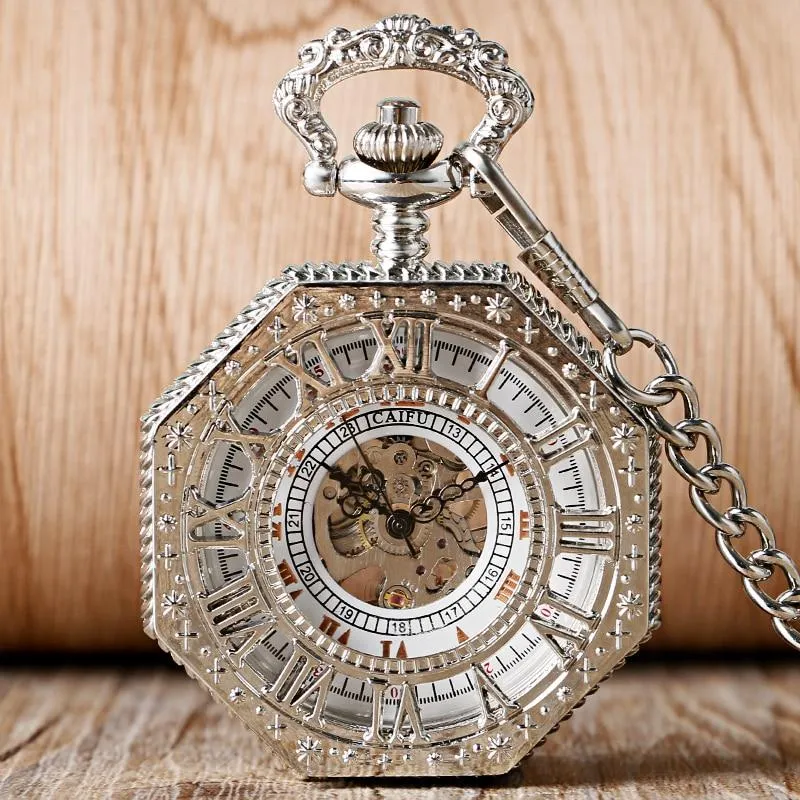 Silver Octagon Pocket Watch with Roman Numeral Carvings and Visible Gear Skeleton