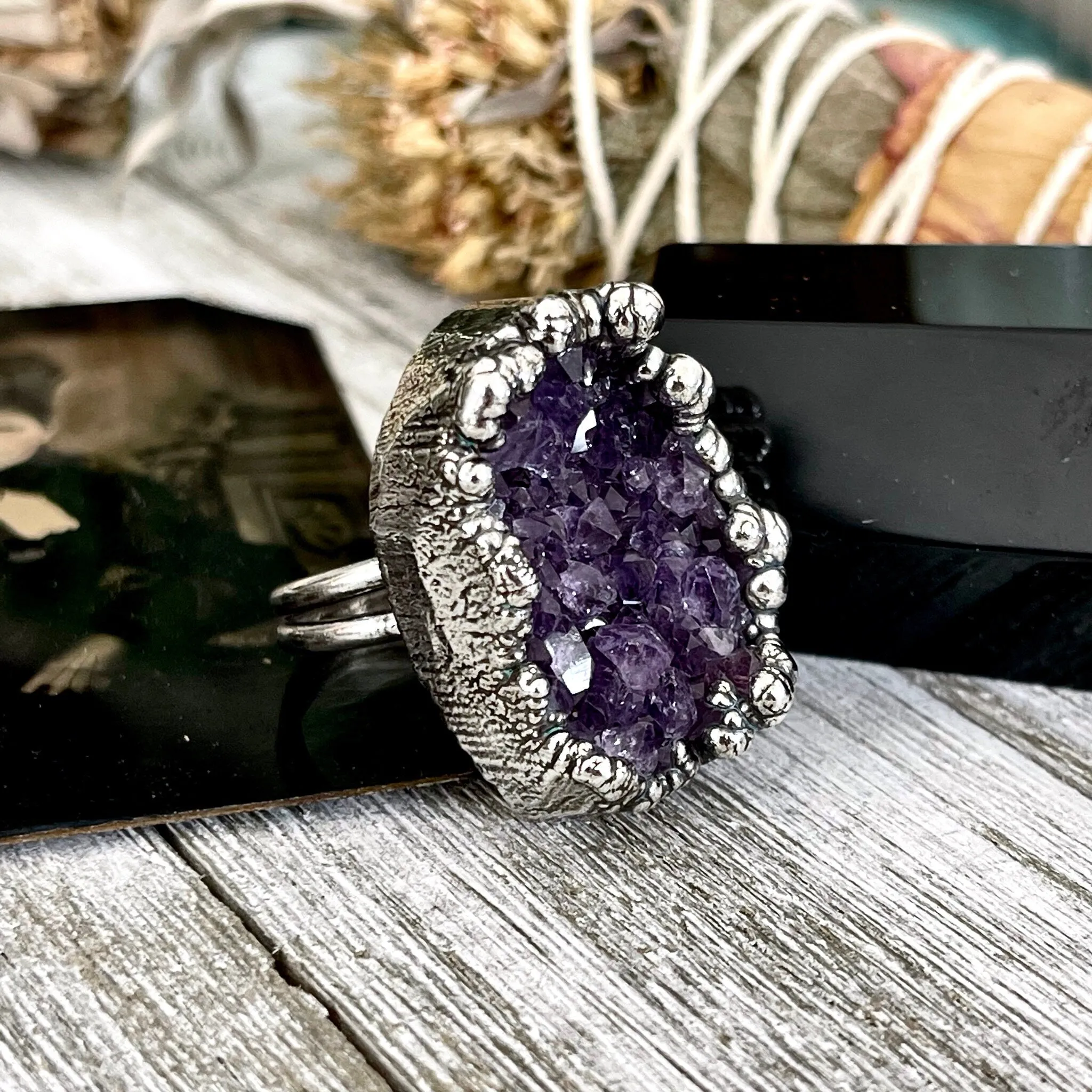 Size 8 Big Raw Amethyst Purple Crystal Ring in Fine Silver / Foxlark Collection - One of a Kind