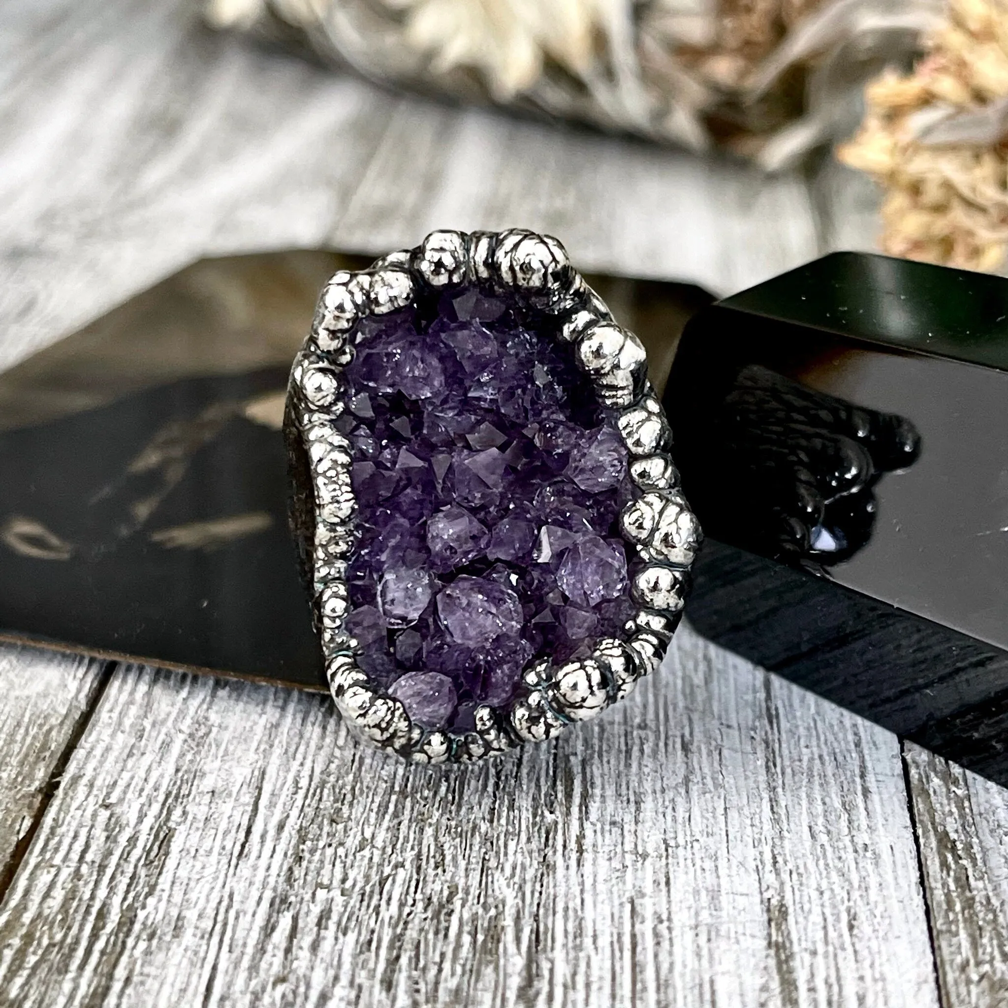 Size 8 Big Raw Amethyst Purple Crystal Ring in Fine Silver / Foxlark Collection - One of a Kind