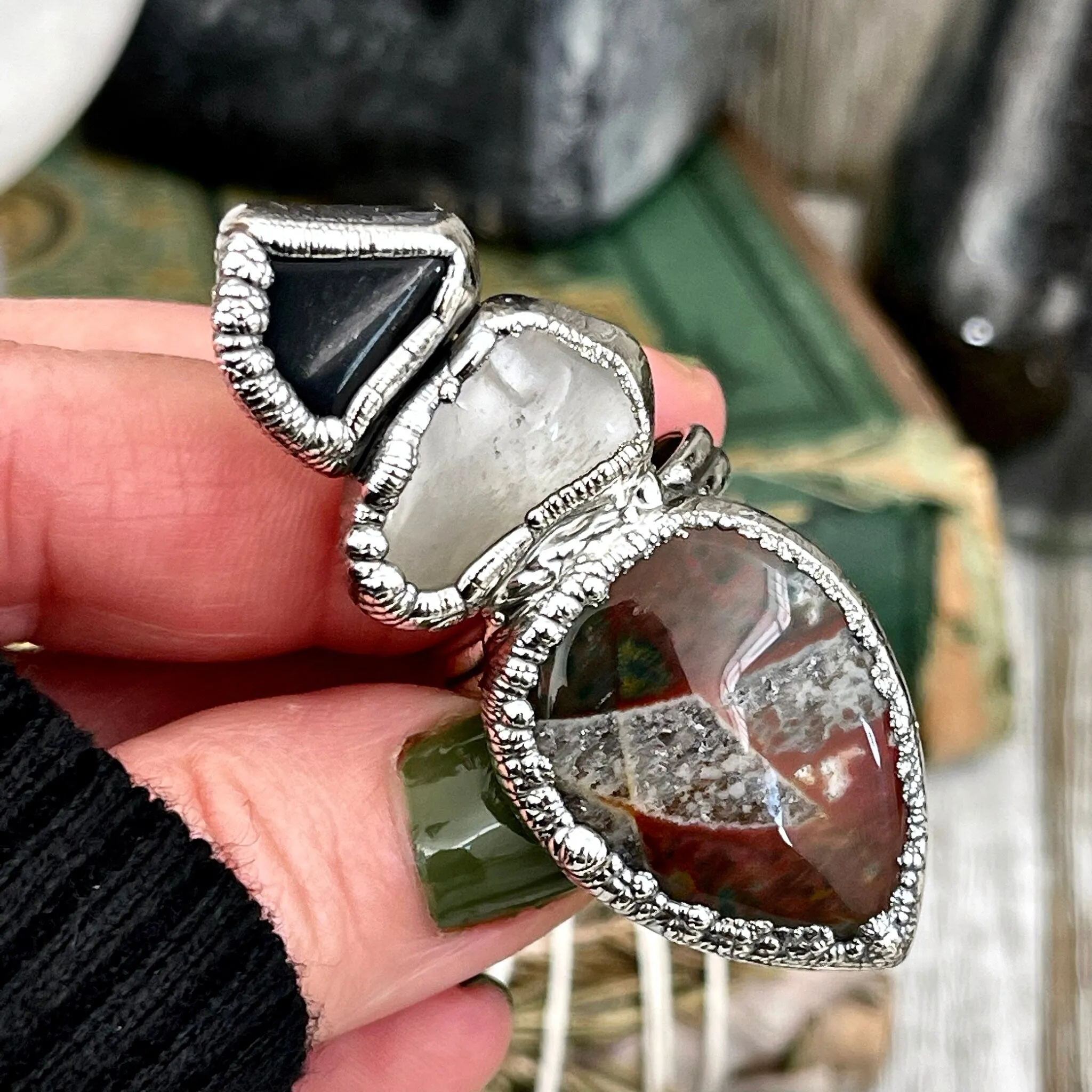 Size 8 Crystal Ring - Three Stone Ring Black Onyx Bloodstone & Clear Quartz Silver Ring / Foxlark Collection - One of a Kind Jewelry