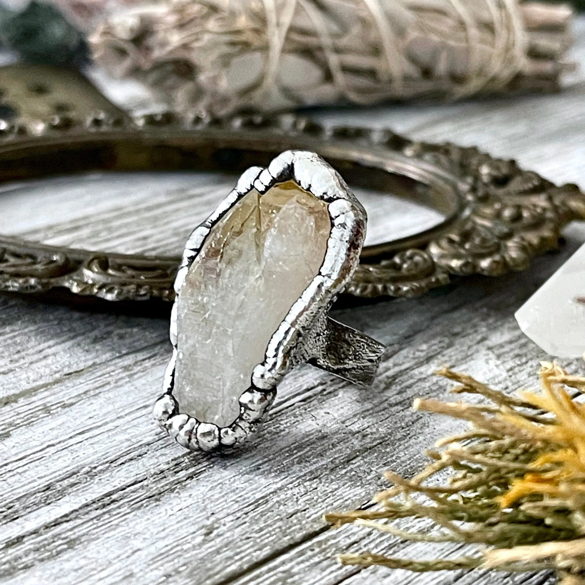 Size 8 Raw Citrine Crystal Point Ring Set in Fine Silver  / Foxlark Collection - One of a Kind